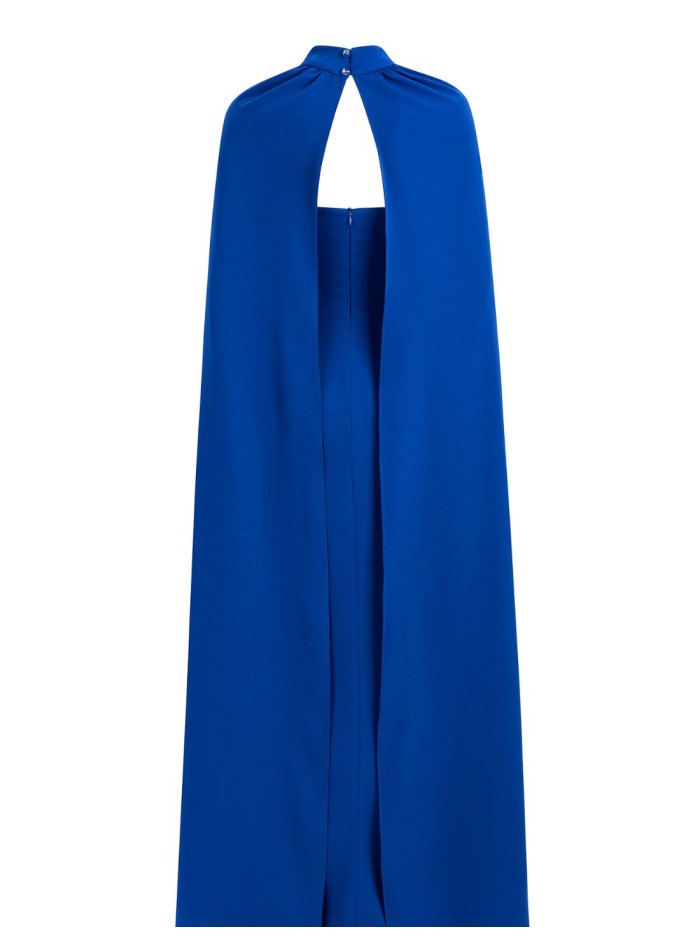 Long party dress with ruching and cape for guests