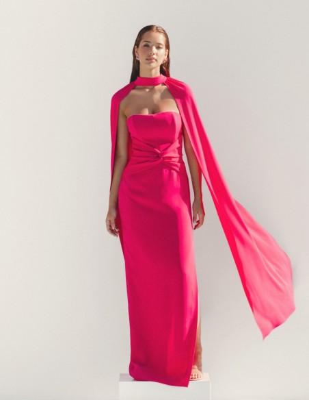 Long party dress with ruching and cape for guests