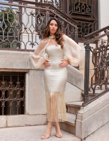 Robe de soirée avec paillettes et manches amovibles en mousseline de soie
