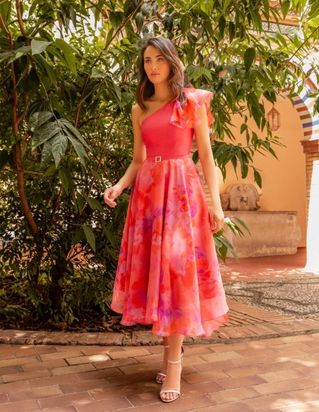 Vestido midi de fiesta con escote asimétrico y falda estampada