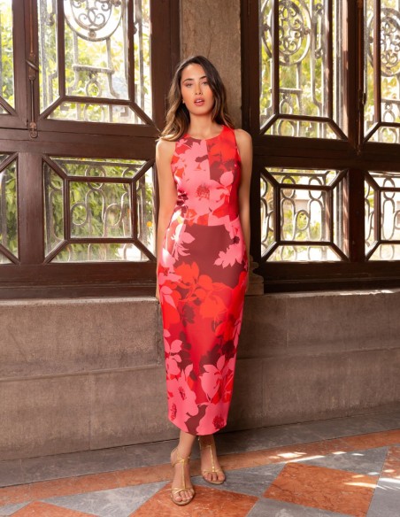 Vestido de fiesta brocado estampado con mangas desmontables