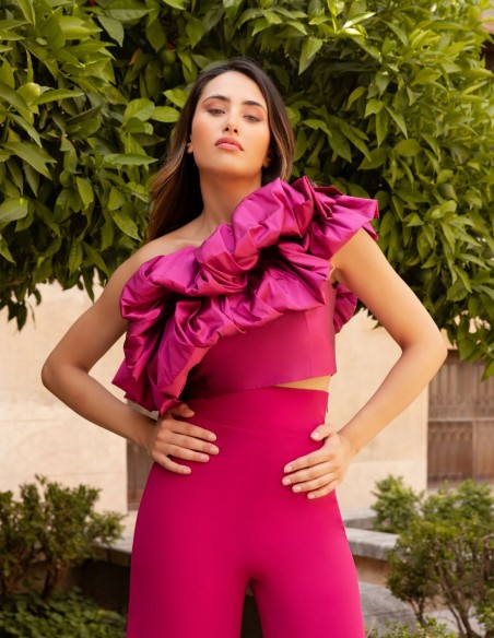 Asymmetrical top with ruffle and long straight pants set