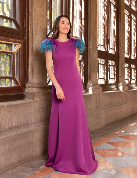 Long mermaid party dress with feathered shoulders