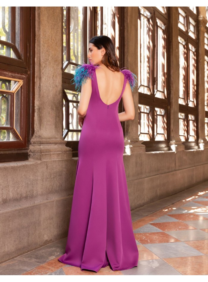 Long mermaid party dress with feathered shoulders