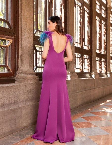 Long mermaid party dress with feathered shoulders