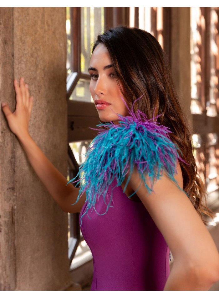 Long mermaid party dress with feathered shoulders