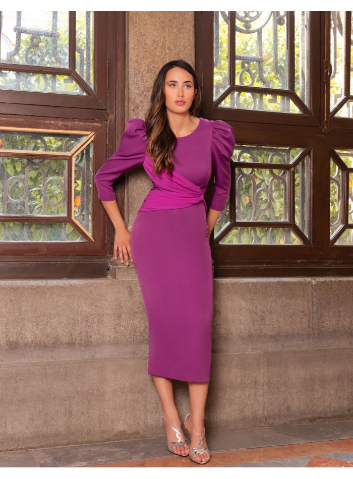 Midi party dress with draped bodice and open...