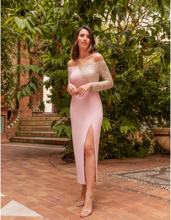 Midi party dress with bandeau neckline and sequins