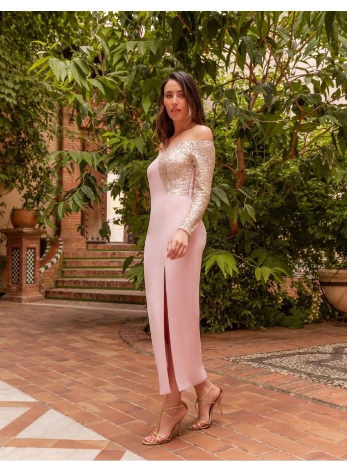 Vestido midi de fiesta escote bandeau con...