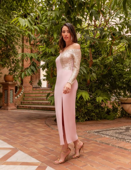 Robe de soirée midi avec encolure bandeau et sequins