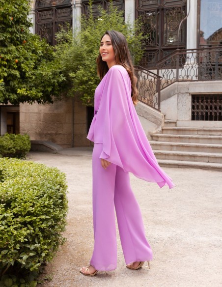 Mauve long party jumpsuit with asymmetrical neckline and cape