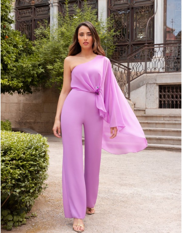 Mauve long party jumpsuit with asymmetrical neckline and...