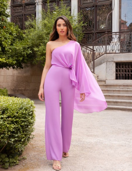 Mauve long party jumpsuit with asymmetrical neckline and cape