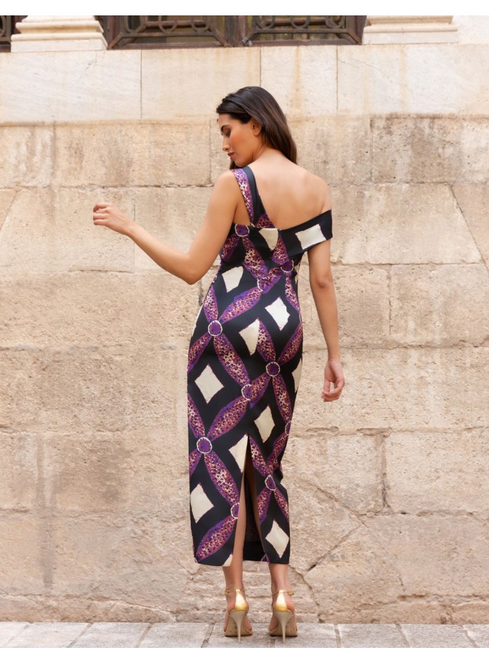 Robe de soirée midi imprimée avec cape en...