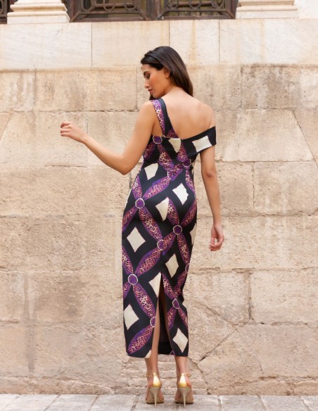 Printed midi party dress with chiffon cape