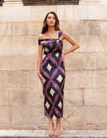 Printed midi party dress with chiffon cape