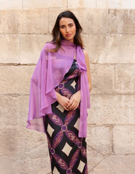 Robe de soirée midi imprimée avec cape en mousseline de soie