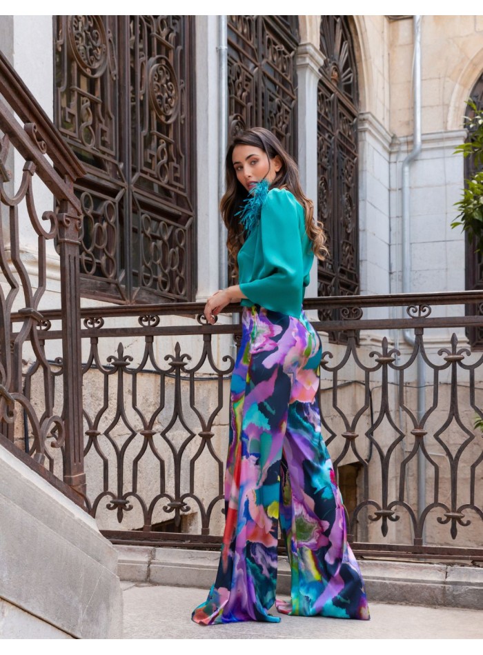 Set of French sleeve blouse and printed long pants