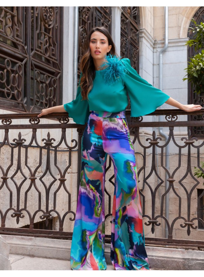 Set of French sleeve blouse and printed long pants