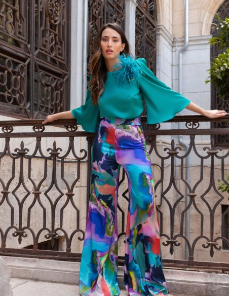Set of French sleeve blouse and printed long pants