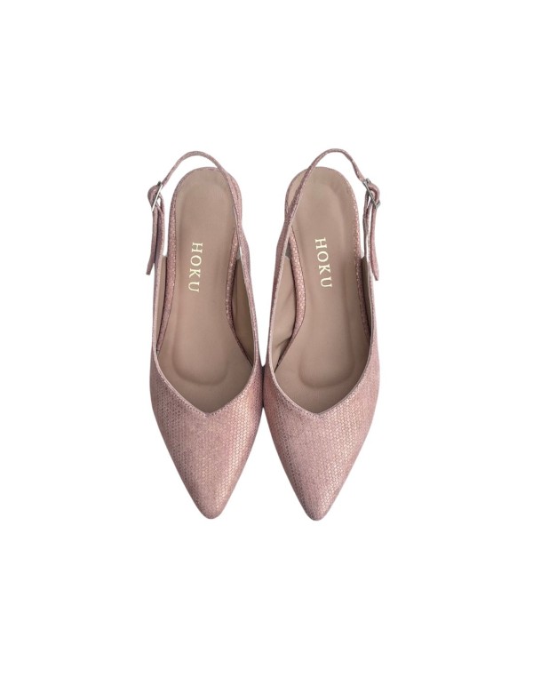 Flat ballerina in pale pink leather textured with heels 2