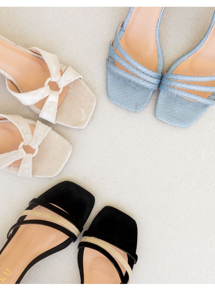 Bicolour party sandal with square suede heel