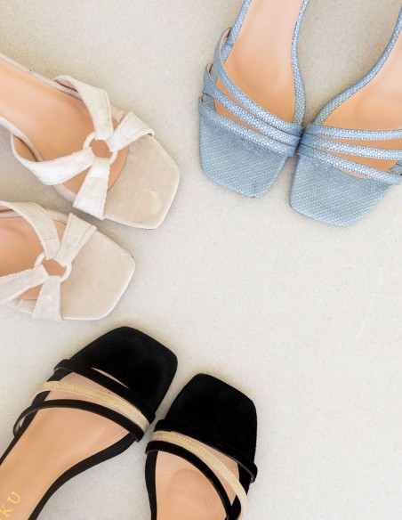 Bicolour party sandal with square suede heel
