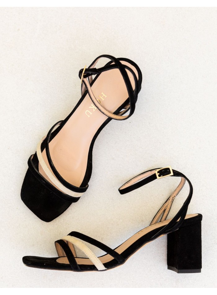Bicolour party sandal with square suede heel