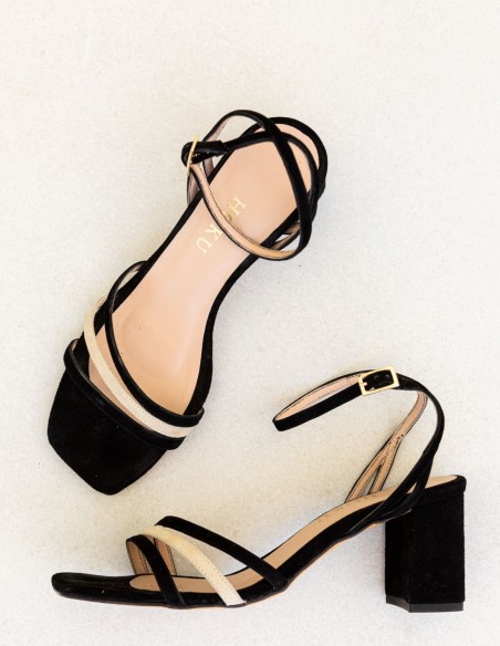 Bicolour party sandal with square suede heel