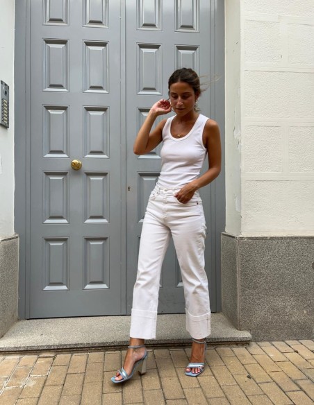 Blue party sandal with straps tied at the ankle