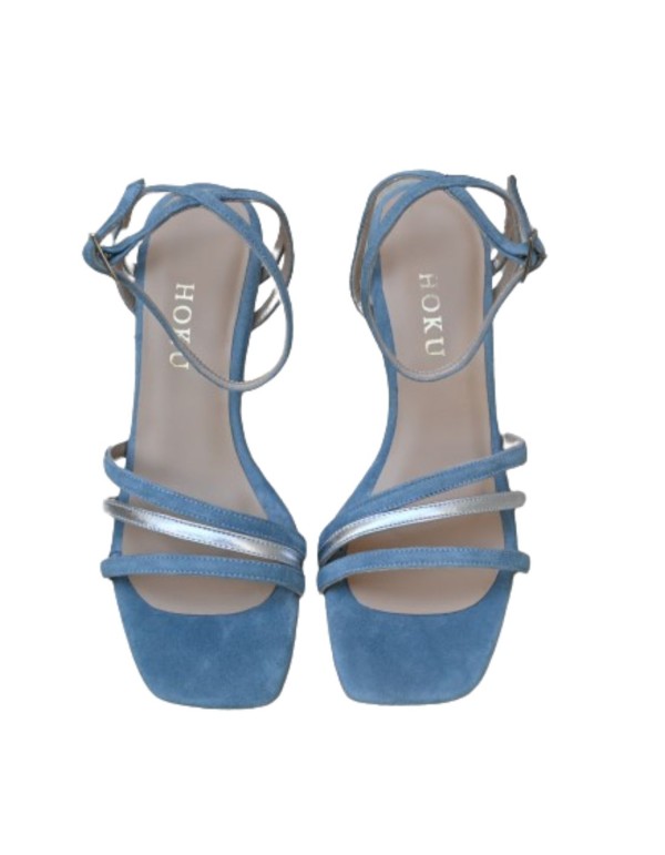 Blue party sandal with straps tied at the ankle