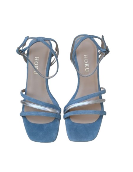 Blue party sandal with straps tied at the ankle
