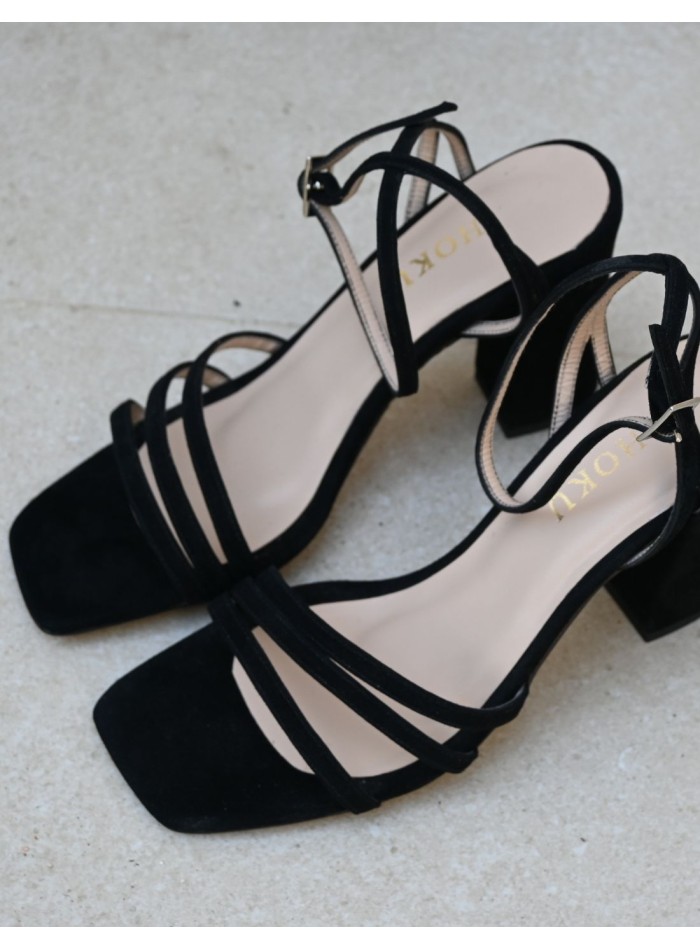 Bicolour party sandal with square suede heel