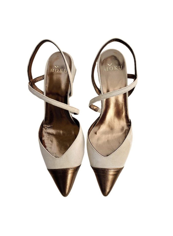 Beige suede party shoe with metallic toecap