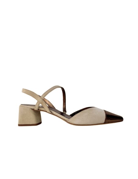 Beige suede party shoe with metallic toecap
