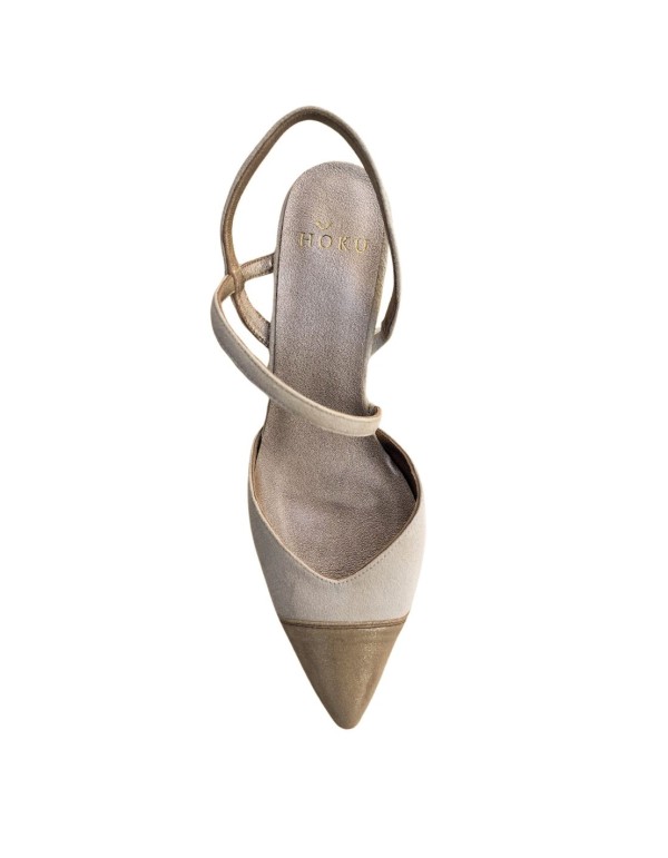 Beige suede party shoe with metallic toecap 2