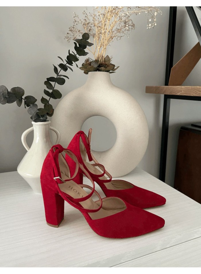 Red suede party shoes with crossed straps