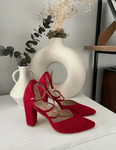 Red suede party shoes with crossed straps