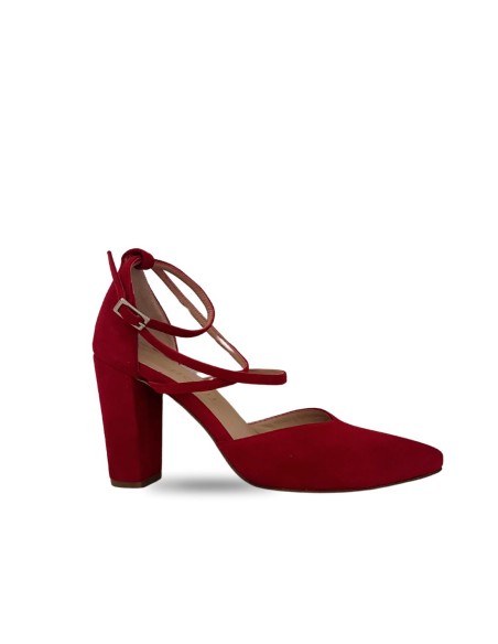 Red suede party shoes with crossed straps