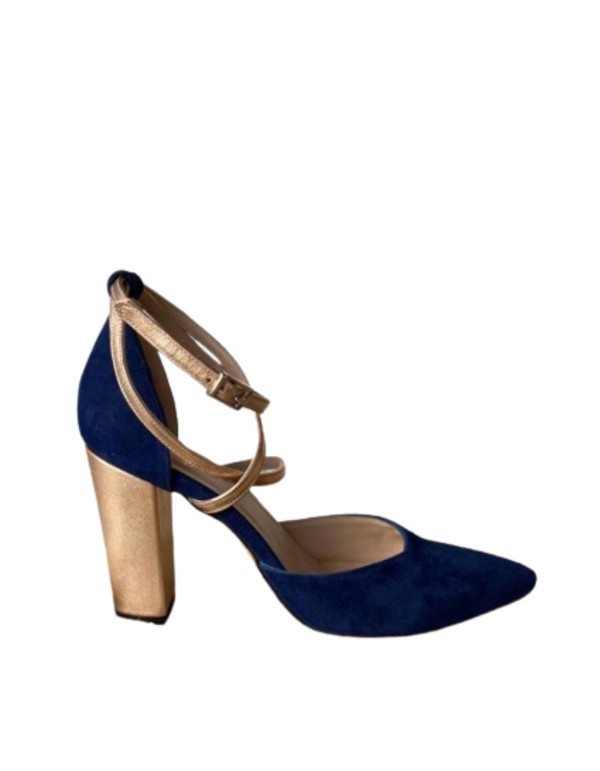 Zapato salón de ante azul marino con detalles dorados 2