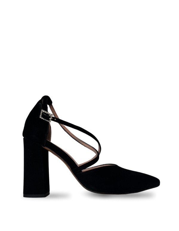 Black suede pumps with crossed straps