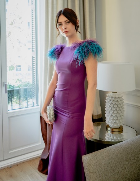 Long mermaid party dress with feathered shoulders