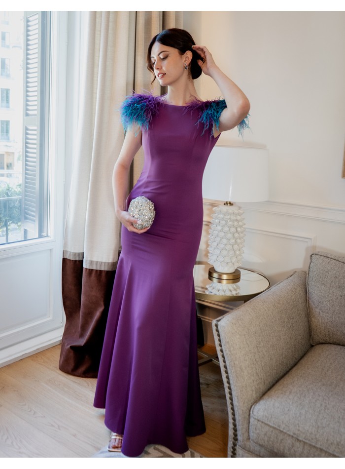 Long mermaid party dress with feathered shoulders