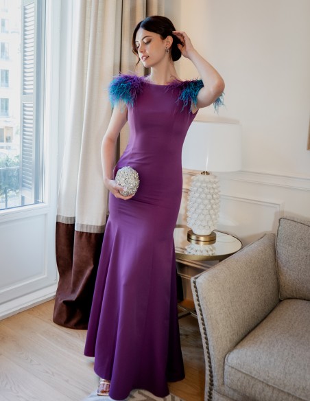 Long mermaid party dress with feathered shoulders