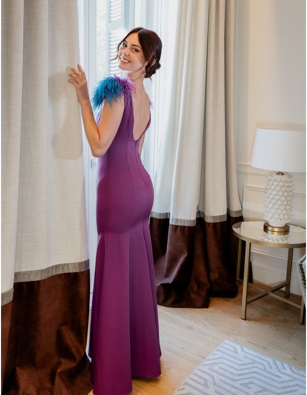 Long mermaid party dress with feathered shoulders