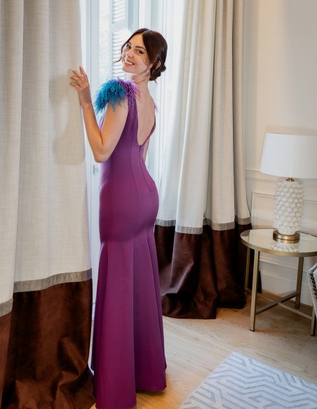 Long mermaid party dress with feathered shoulders