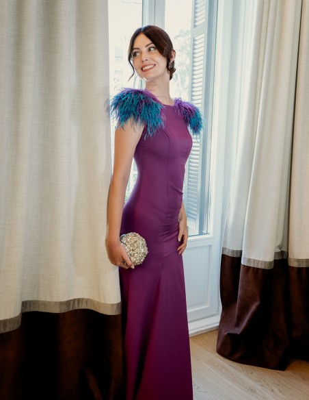 Long mermaid party dress with feathered shoulders