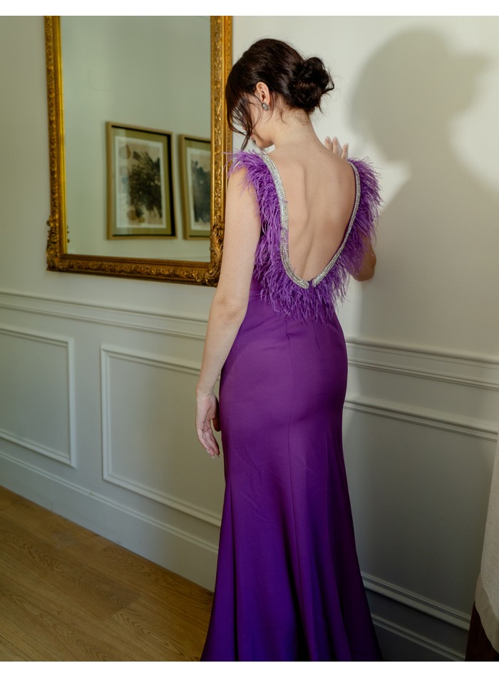 Long party dress with feathered back neckline