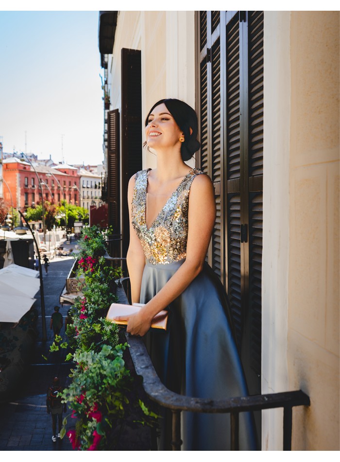 Party dress with sequin bodice and flared skirt