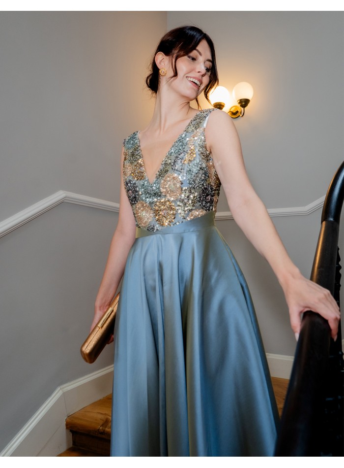 Party dress with sequin bodice and flared skirt